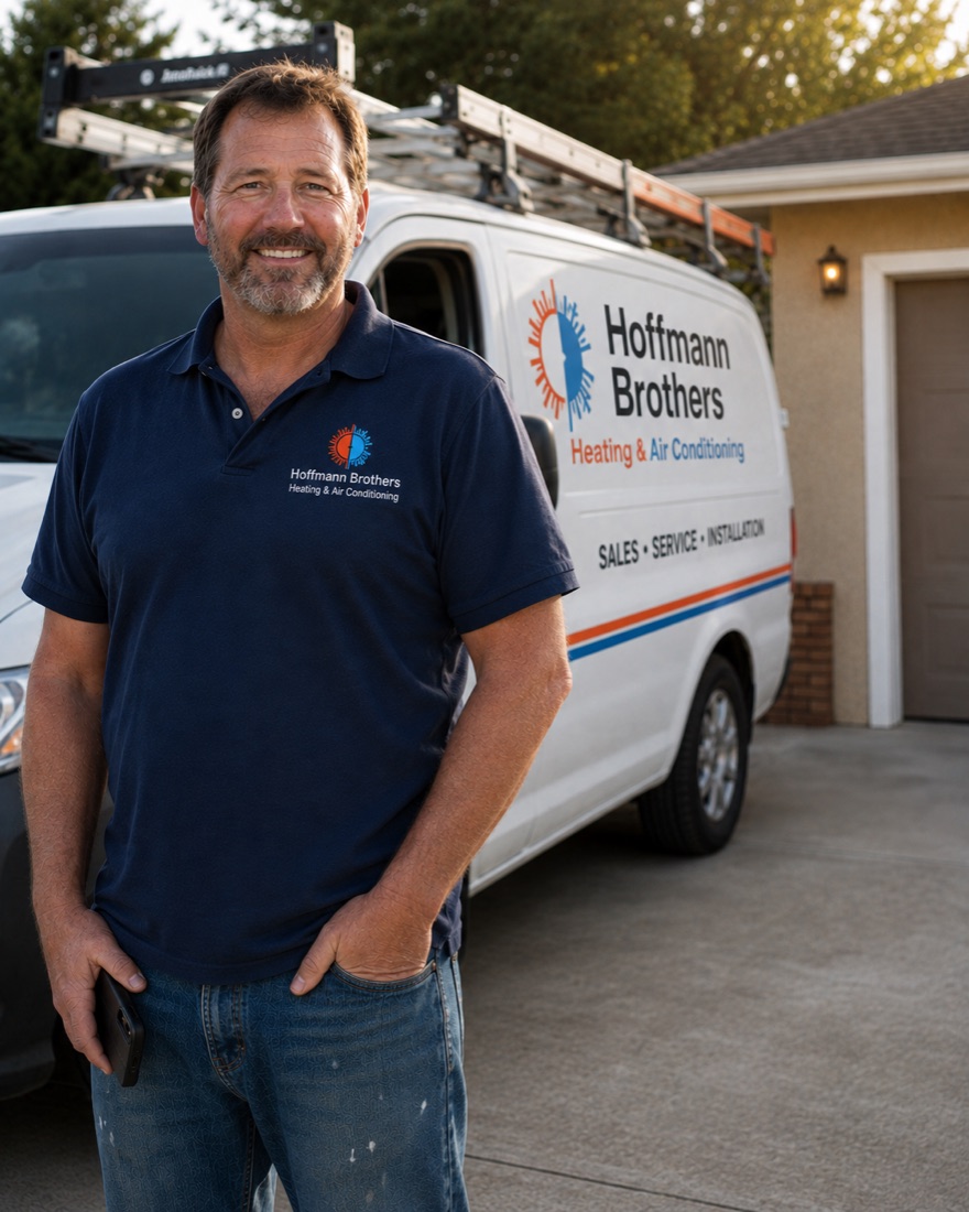 HVAC company owner standing beside his service van